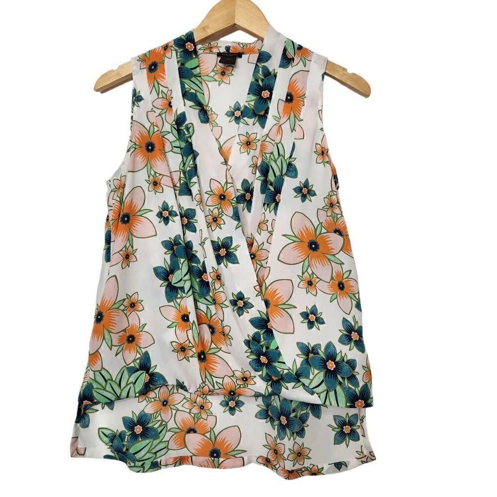 Ann Taylor Factory pleated faux wrap sleeveless floral blouse top Size XS